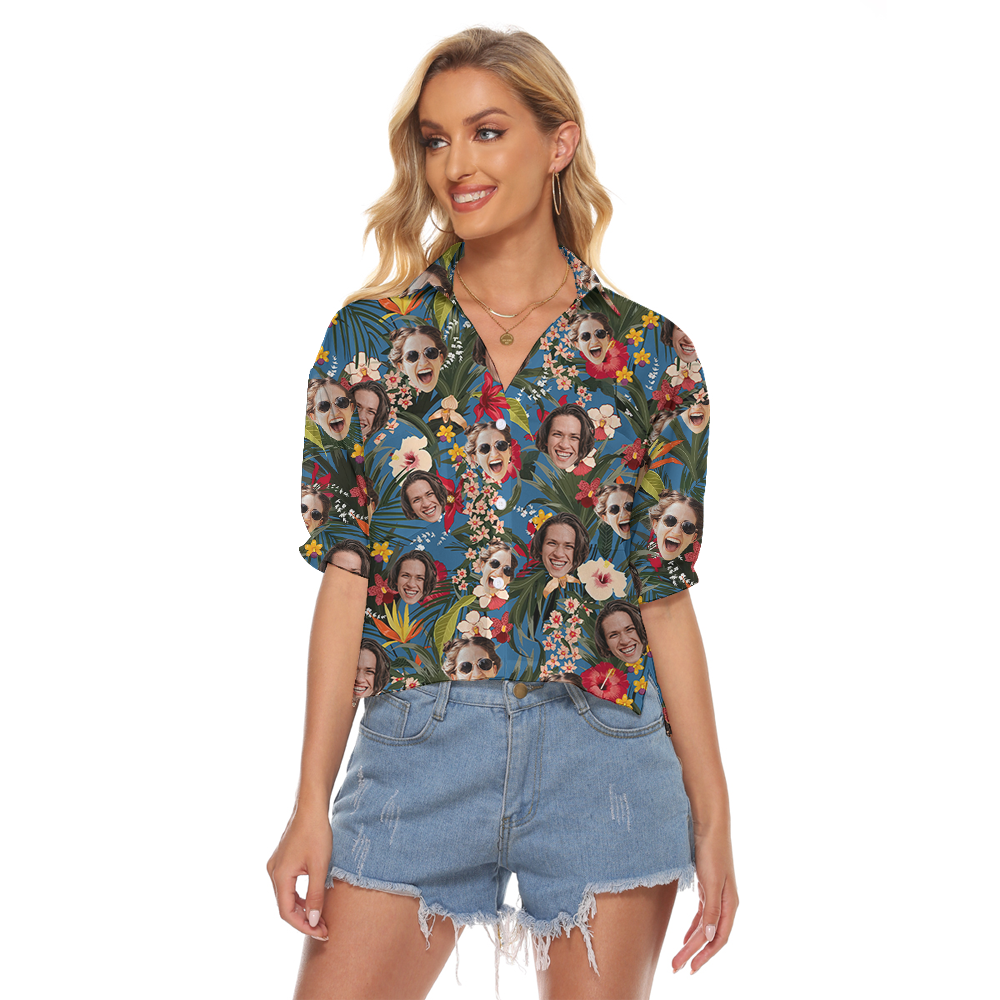 Custom Face Floral Hawaiian Crop Top Shirt - variant image 1