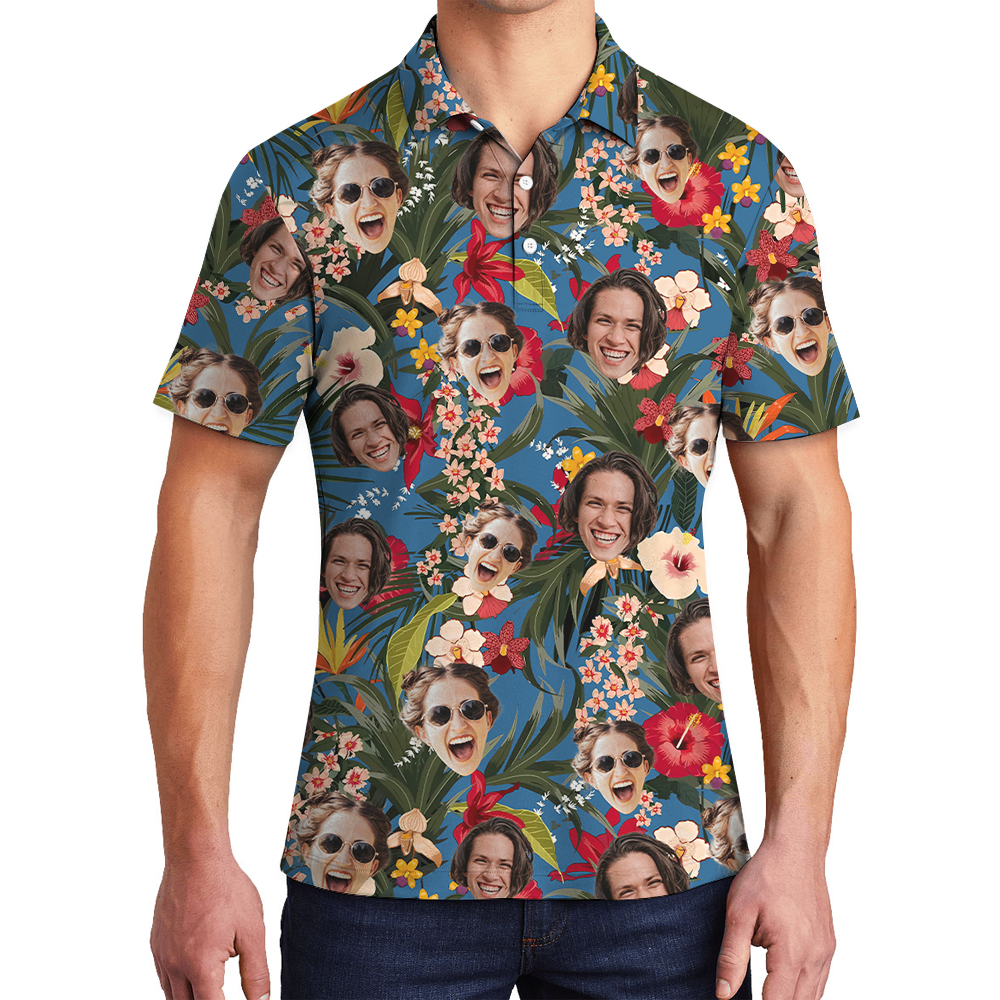 Floral Custom Face Hawaiian Polo Shirt - variant image 1