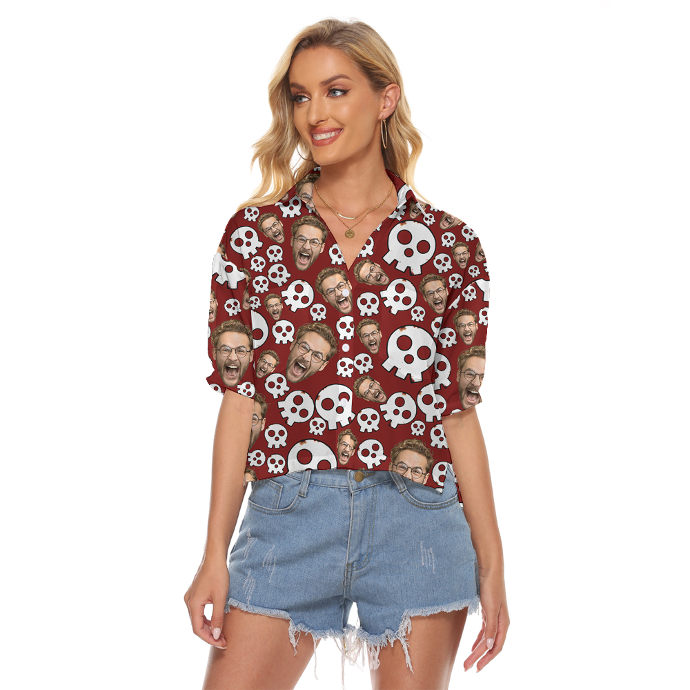 Custom Face Halloween Skull Red Women's Crop Top Shirt - variant image 1