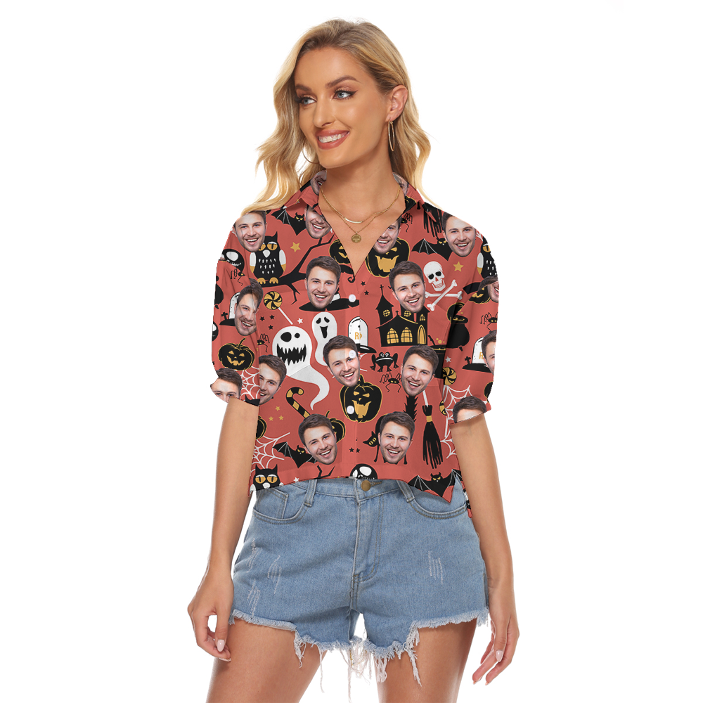 Custom Face Spooky Ghost Halloween Hawaiian Crop Top Shirt - variant image 1
