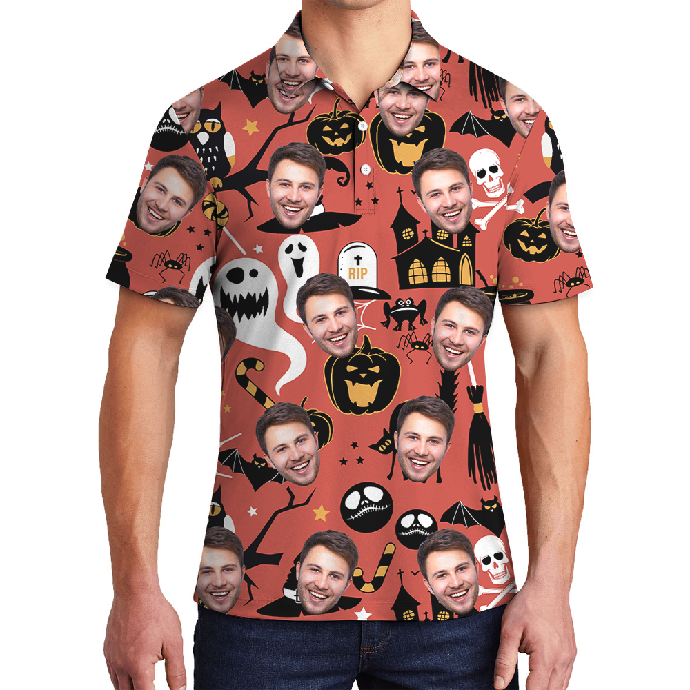 Custom Face Spooky Ghost Halloween Hawaiian Polo Shirt - variant image 1