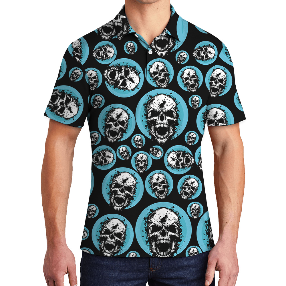 Blue Spooky Skull Hawaiian Polo Shirt - variant image 1
