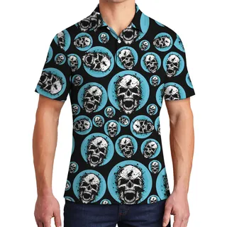 Blue Spooky Skull Hawaiian Polo Shirt