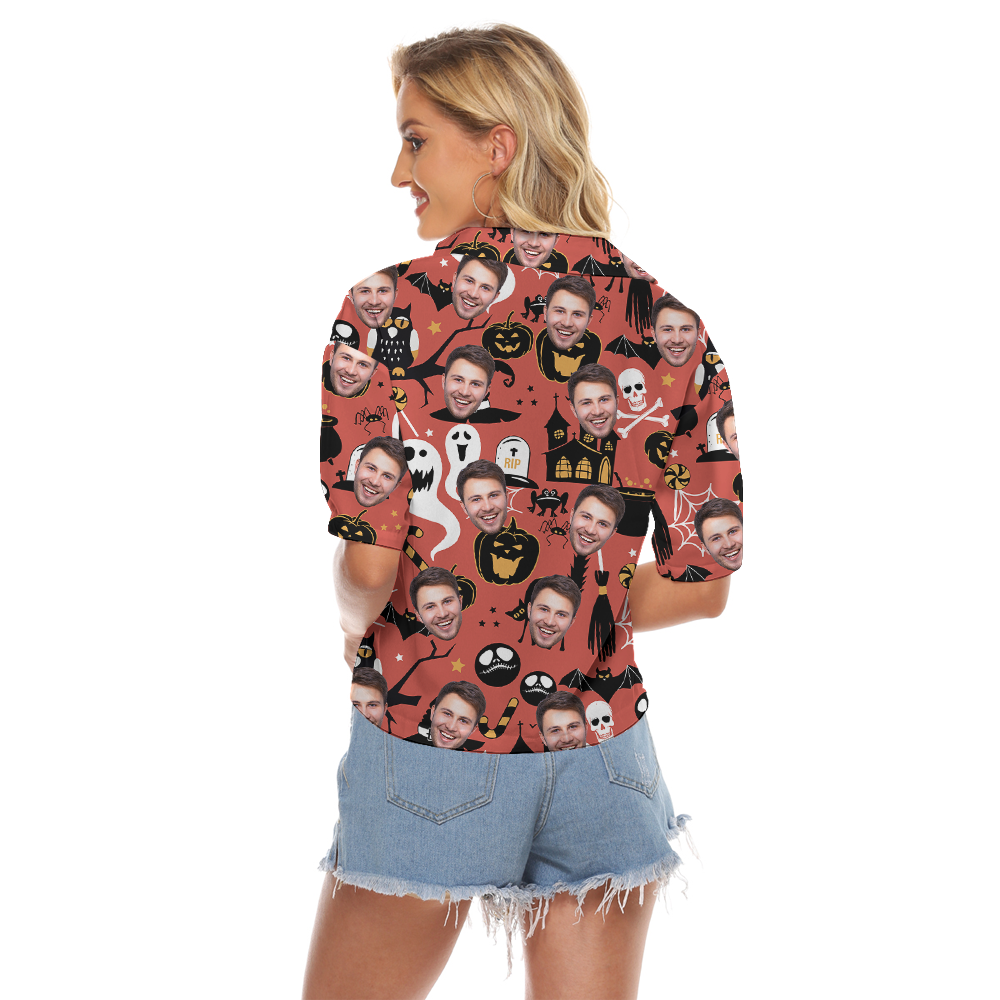 Custom Face Spooky Ghost Halloween Hawaiian Crop Top Shirt