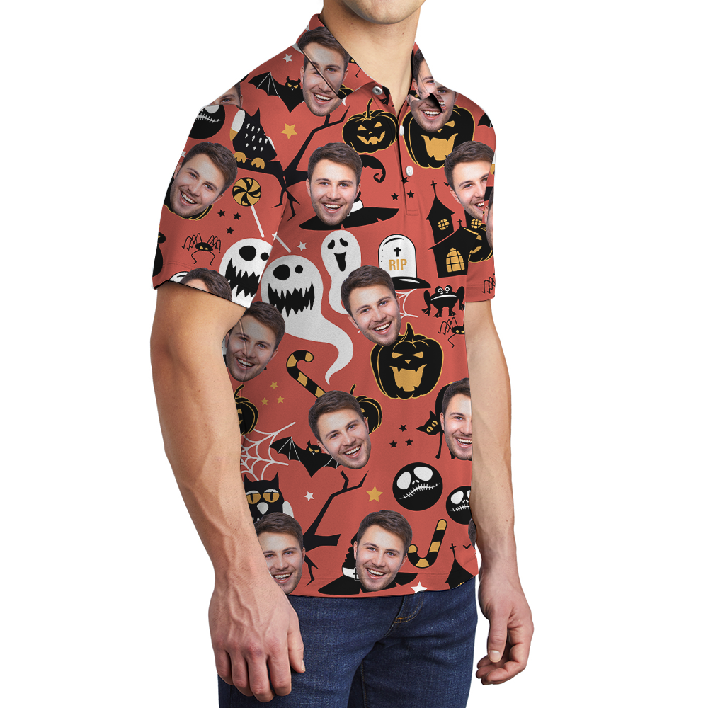 Custom Face Spooky Ghost Halloween Hawaiian Polo Shirt