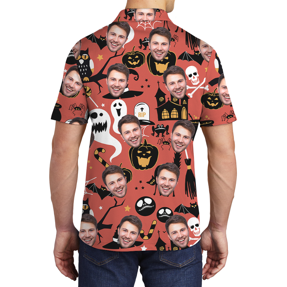 Custom Face Spooky Ghost Halloween Hawaiian Polo Shirt