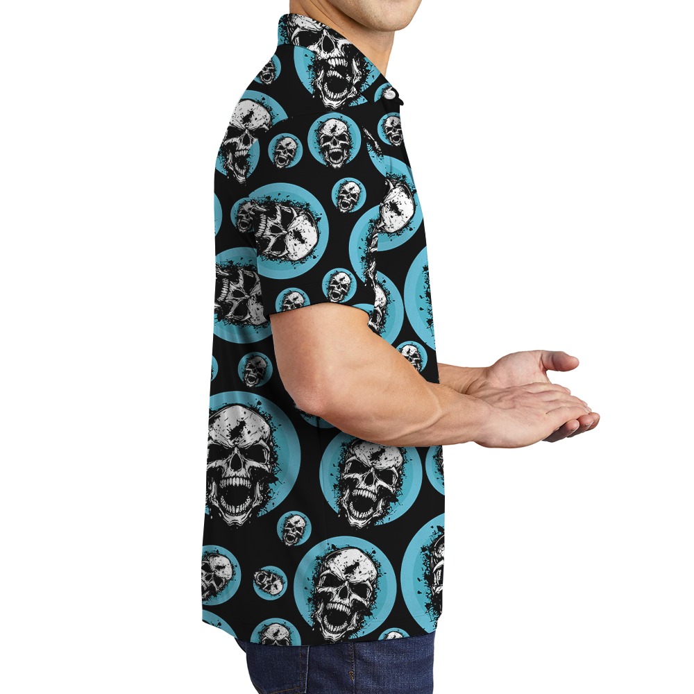 Blue Spooky Skull Hawaiian Polo Shirt