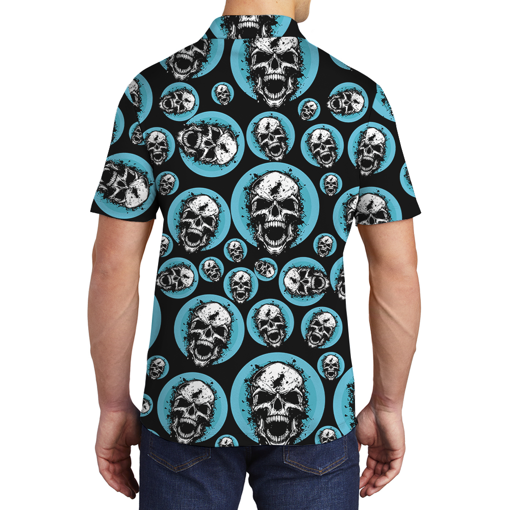 Blue Spooky Skull Hawaiian Polo Shirt