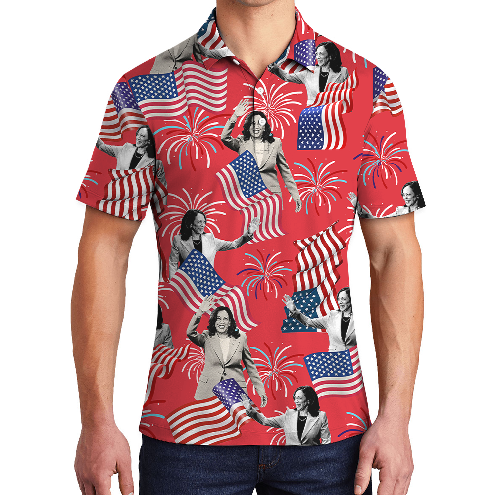 Kamala Harris American Flag Hawaiian Polo Shirt - variant image 1
