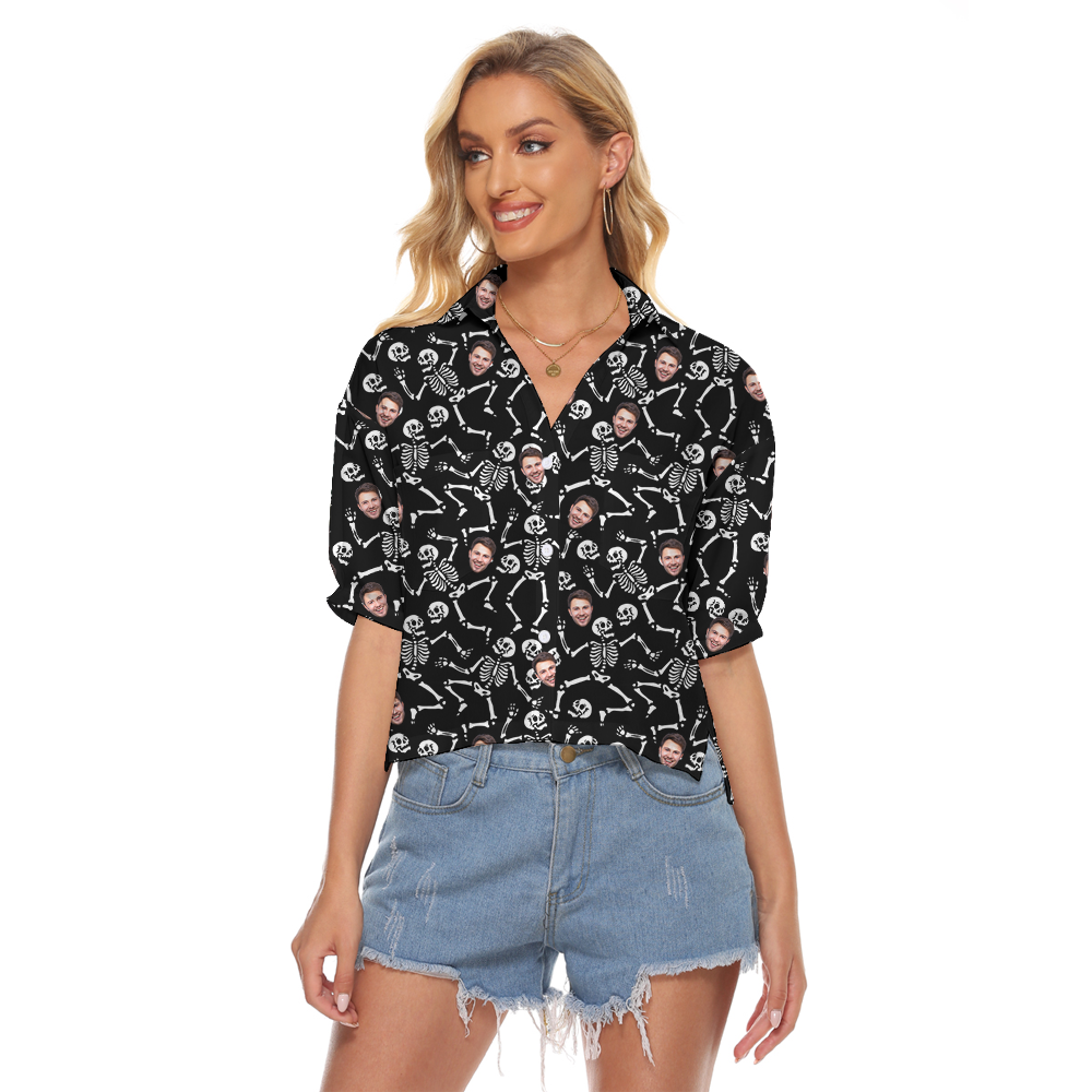 Custom Face Spooky Skeleton Hawaiian Crop Top Shirt - variant image 1