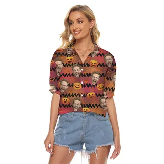 Custom Face Horror Pumpkin Halloween Women's Cropped Shirt