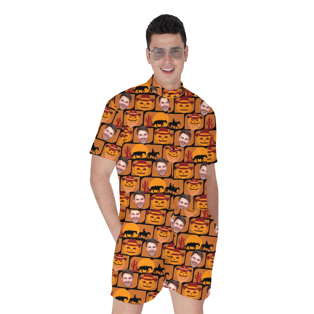 Spooky Custom Face Halloween Pumpkin Men's Romper - variant image 1