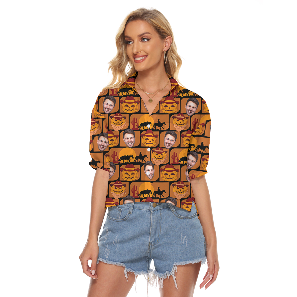 Custom Face Halloween Pumpkin Women's Cropped Shirt - variant image 1