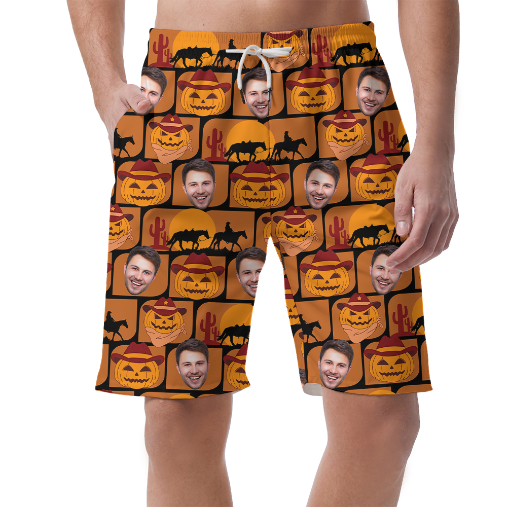 Custom Face Jack o' Lantern Spooky Hawaiian Beach Shorts - variant image 1
