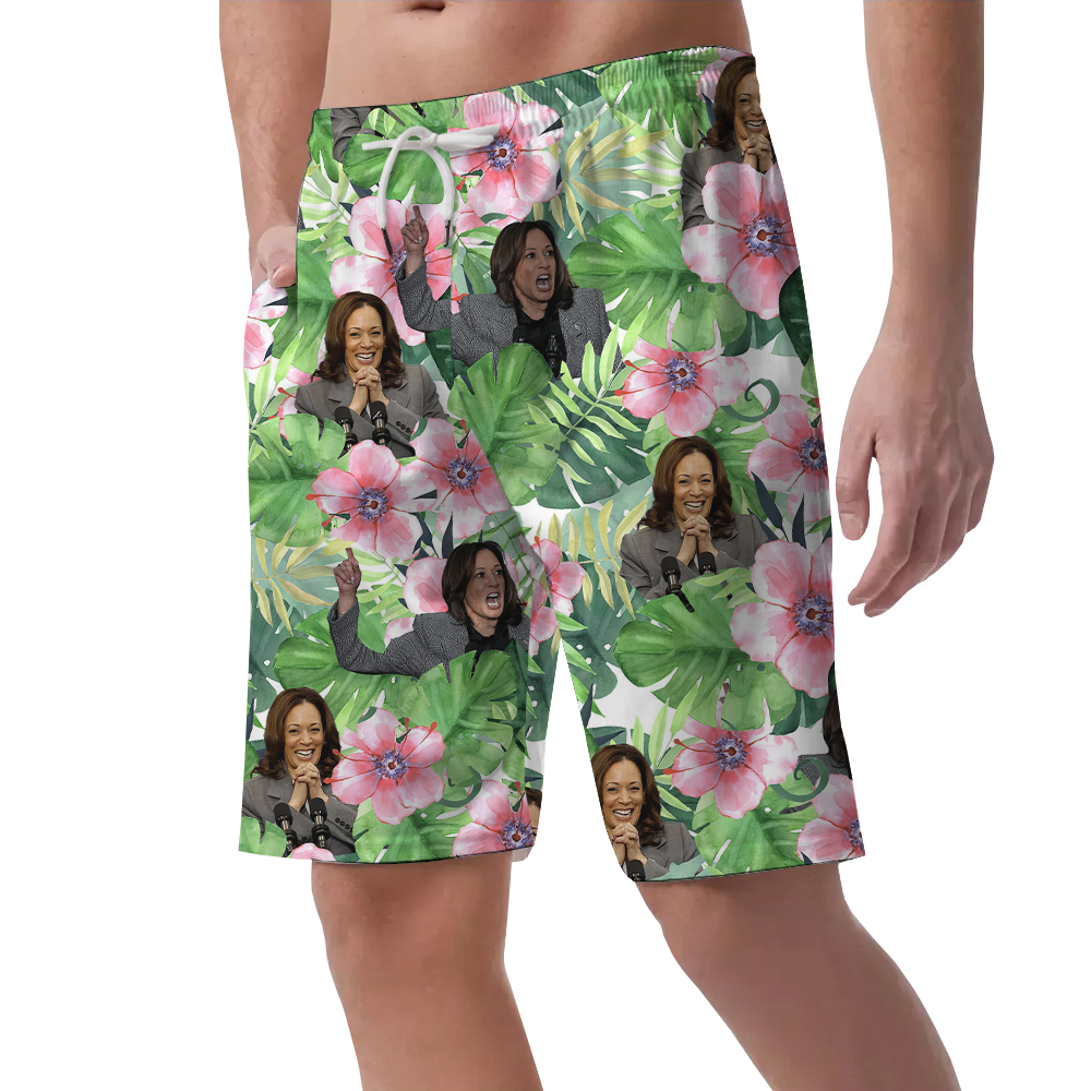 Kamala Harris Floral Green Hawaiian Beach Shorts