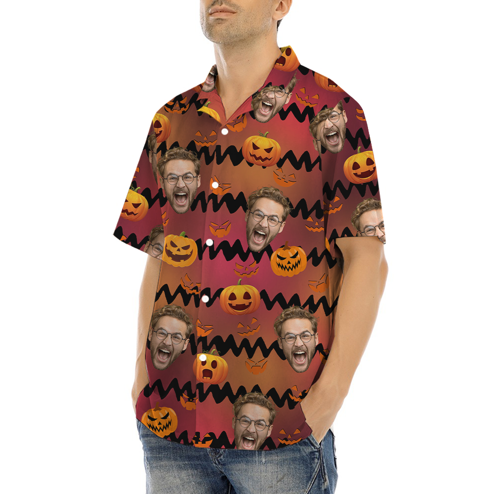 Spooky Jack o' Lantern Halloween Hawaiian Shirt With Custom Face