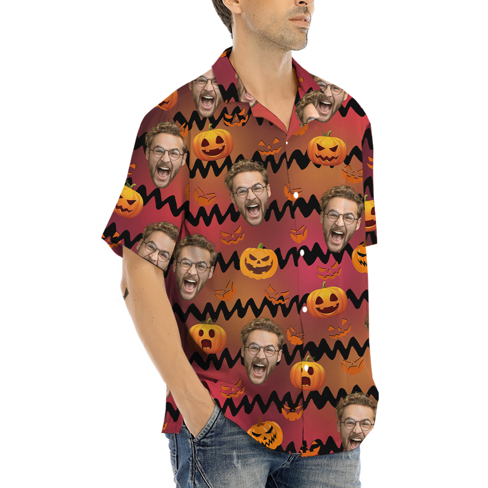 Spooky Jack o' Lantern Halloween Hawaiian Shirt With Custom Face