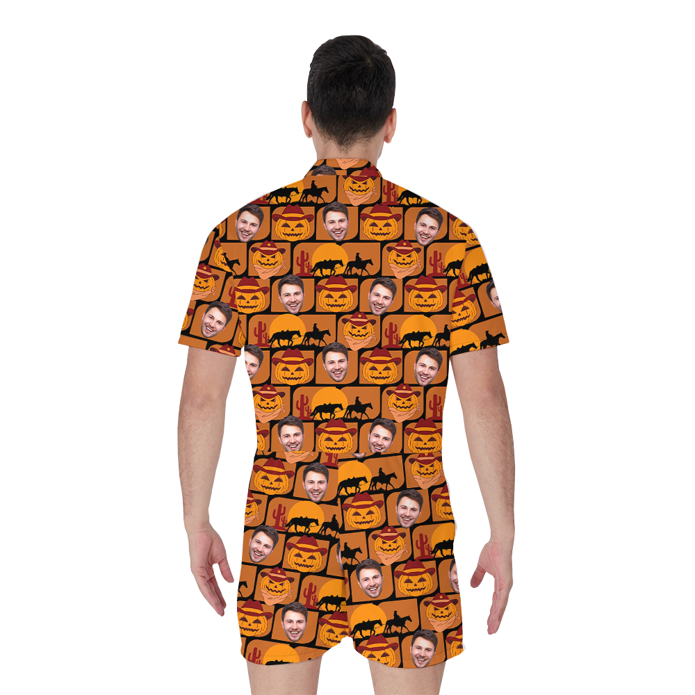 Spooky Custom Face Halloween Pumpkin Men's Romper