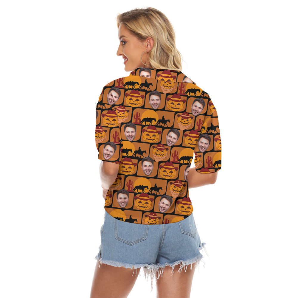 Custom Face Halloween Pumpkin Women's Cropped Shirt