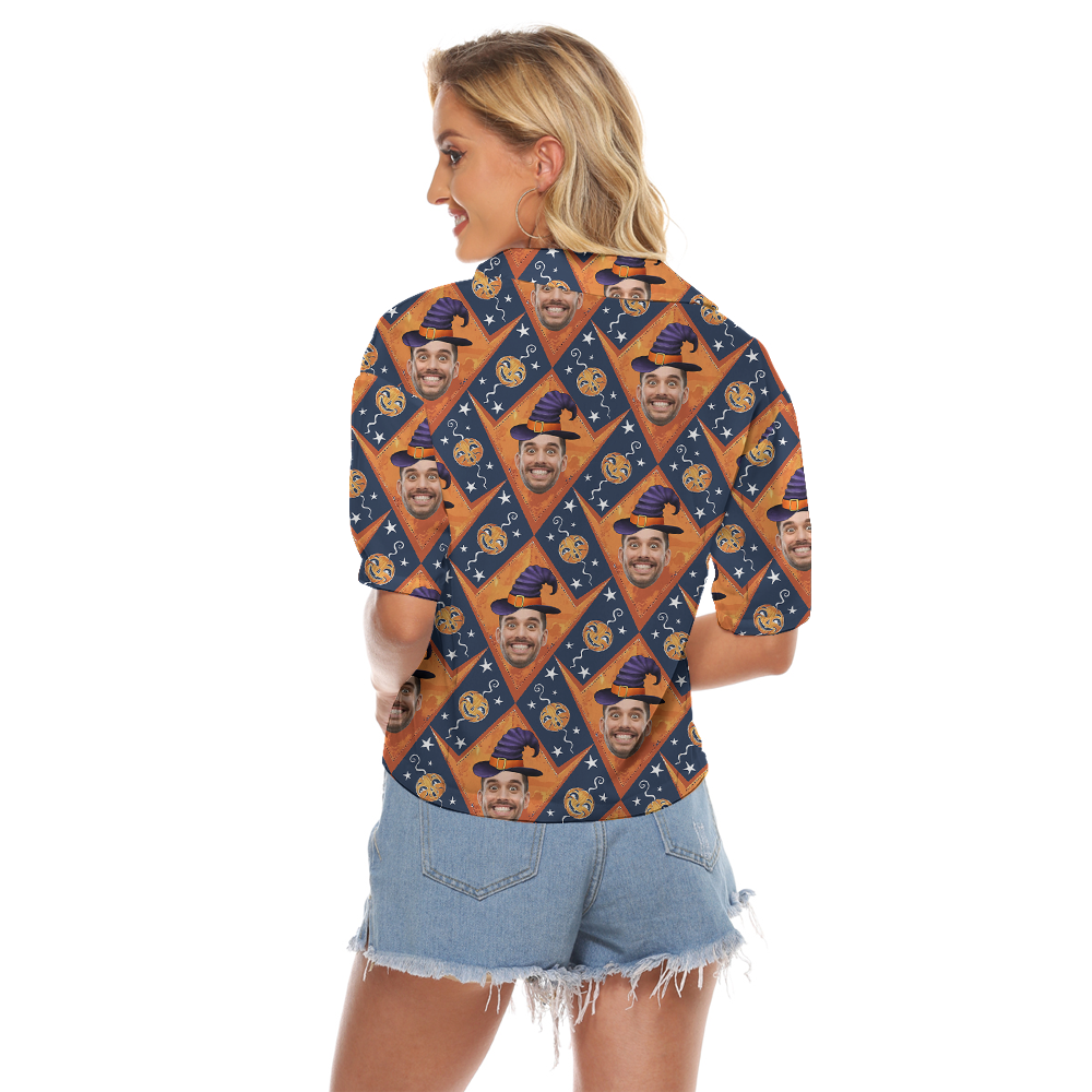 Funny Custom Face With Witch Hat Hawaiian Crop Top Shirt