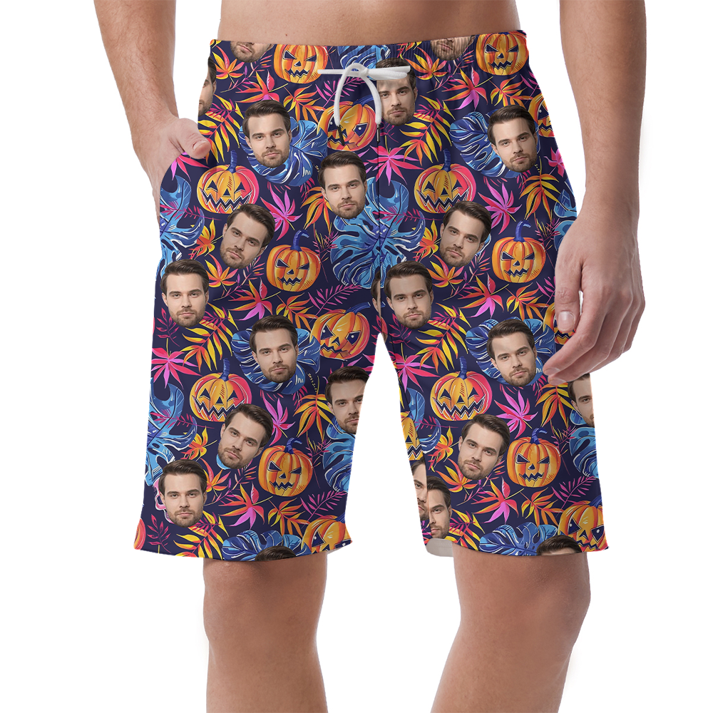 Custom Face Horror Pumpkin Hawaiian Beach Shorts For Men - variant image 1