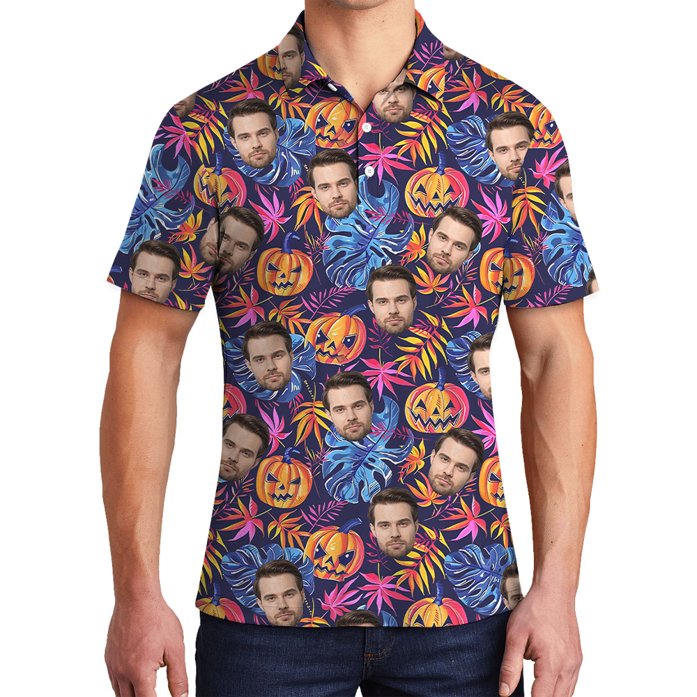 Spooky Pumpkin Custom Face Hawaiian Polo Shirt - variant image 1