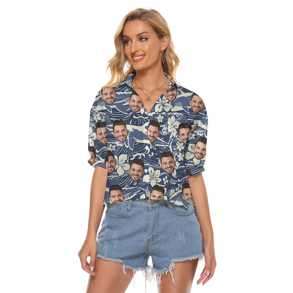 Funny Custom Face Classic Shark Navy Hawaiian Crop Top Shirt - variant image 1