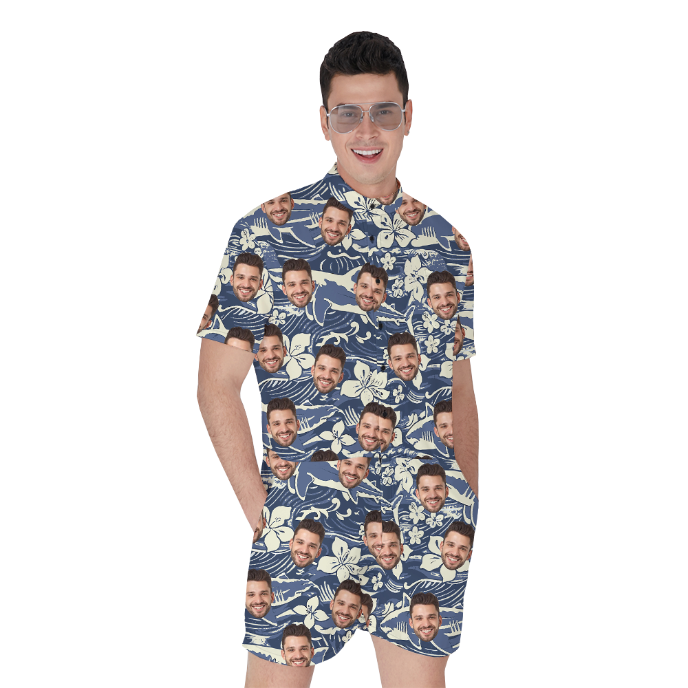 Vintage Shark Navy Romper With Custom Face - variant image 1