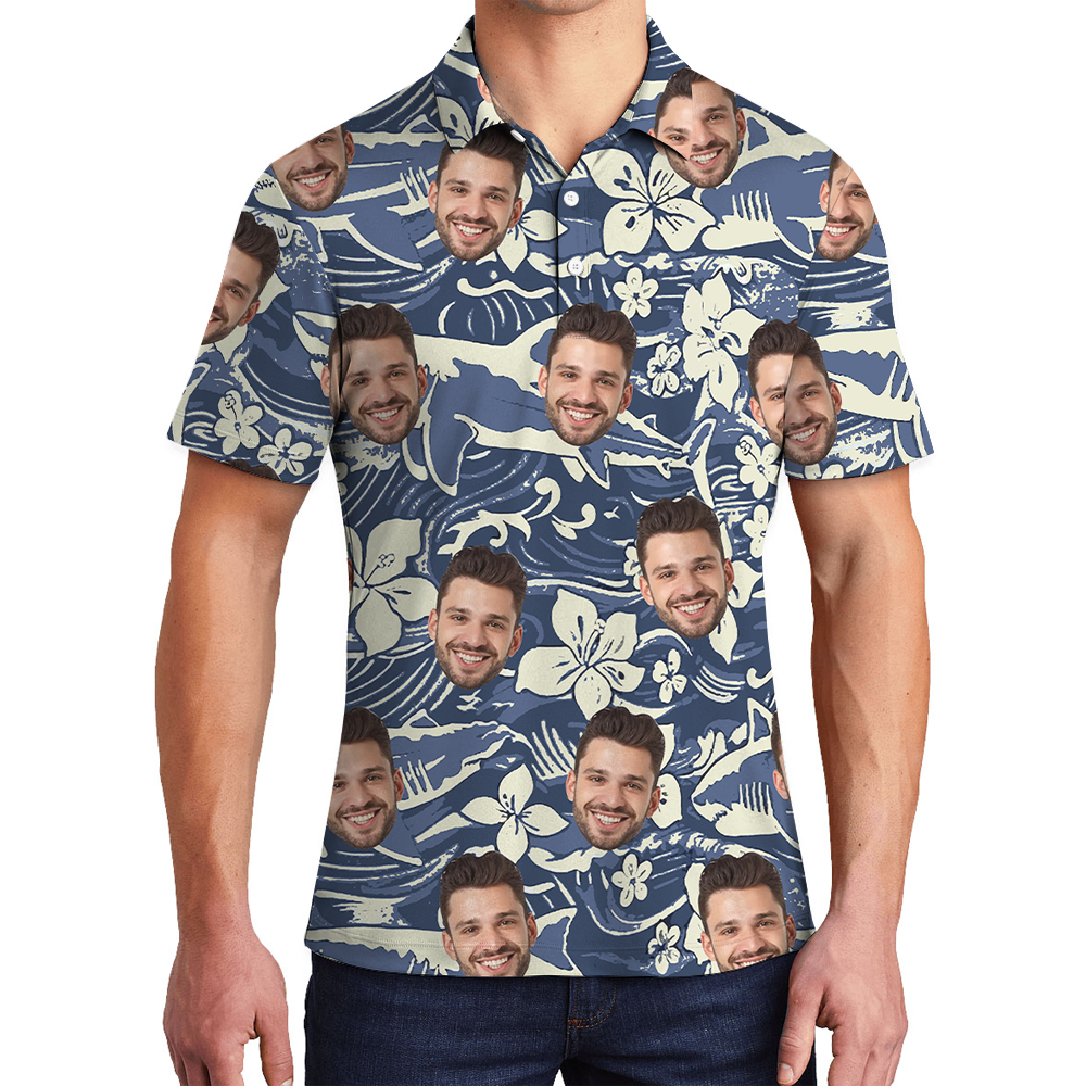 Custom Face Vintage Shark Hawaiian Polo Golf Shirt - variant image 1