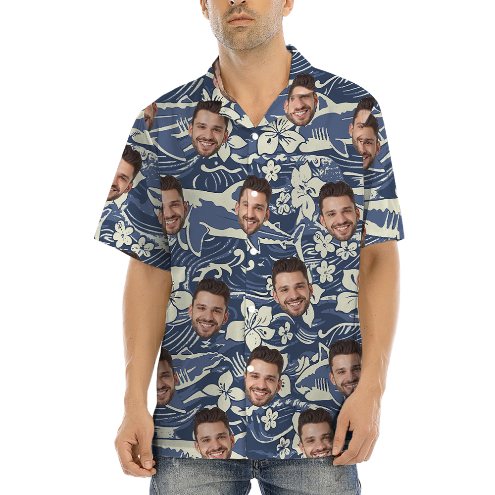 Vintage Navy Shark Hawaiian Shirt With Custom Face - variant image 1