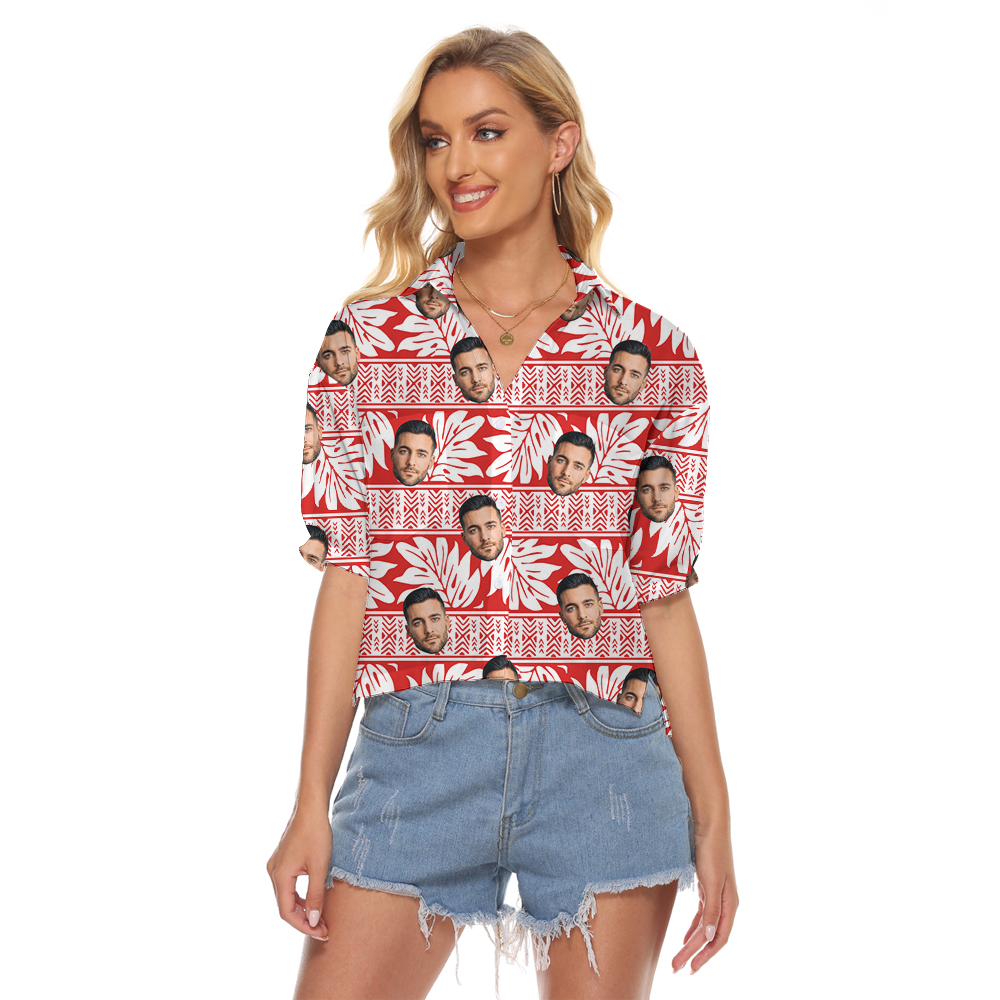 Classic Tropical Red Hawaiian Cropped Shirt With Custom Face - variant image 1