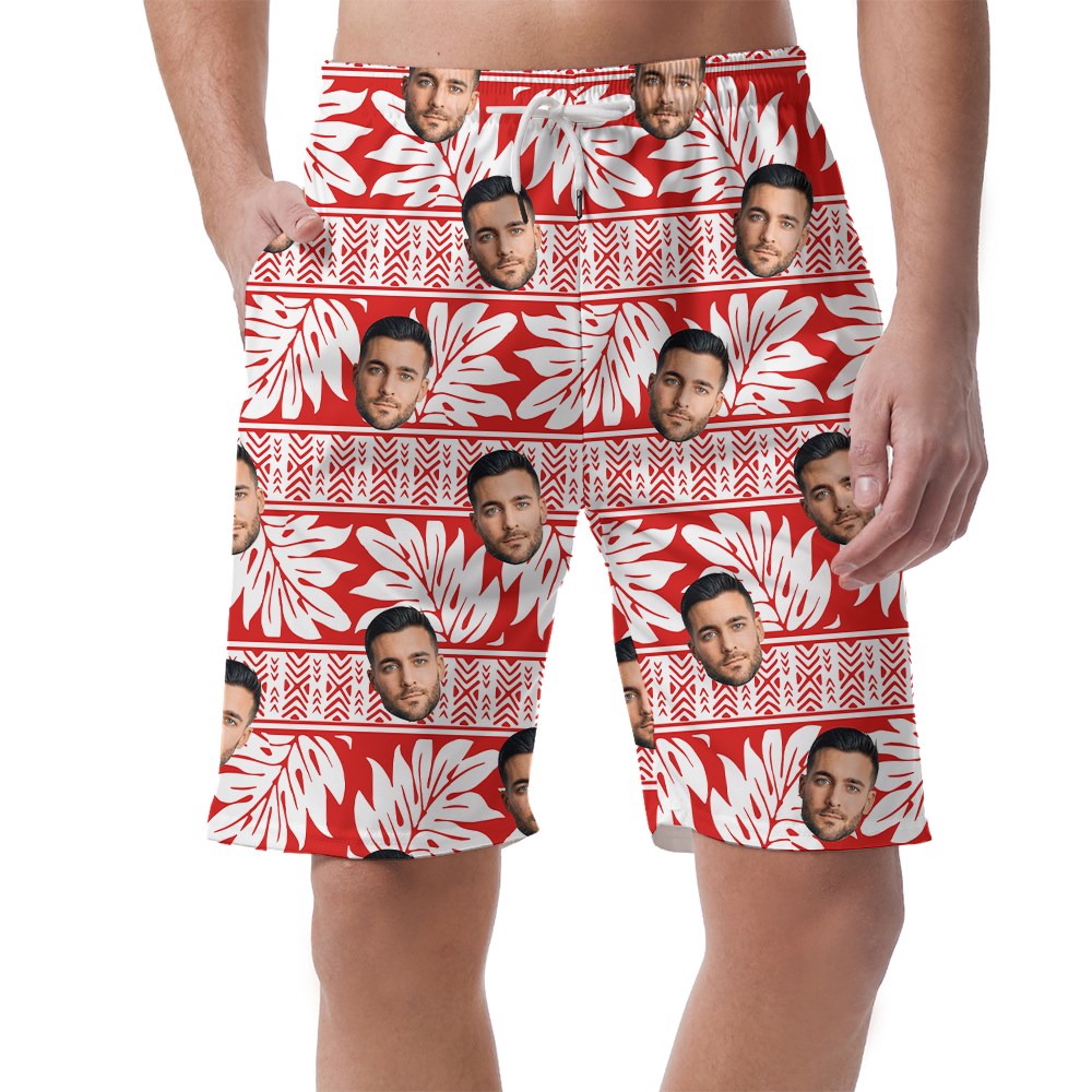 Classic Tropical Red Hawaiian Beach Shorts With Custom Face - variant image 1