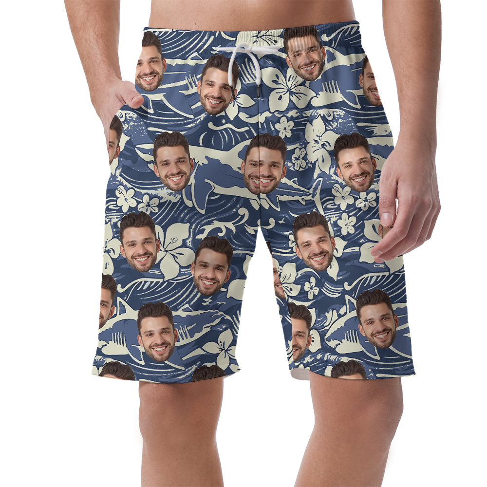 Custom Face Navy Shark Vintage Men's Beach Shorts - variant image 1
