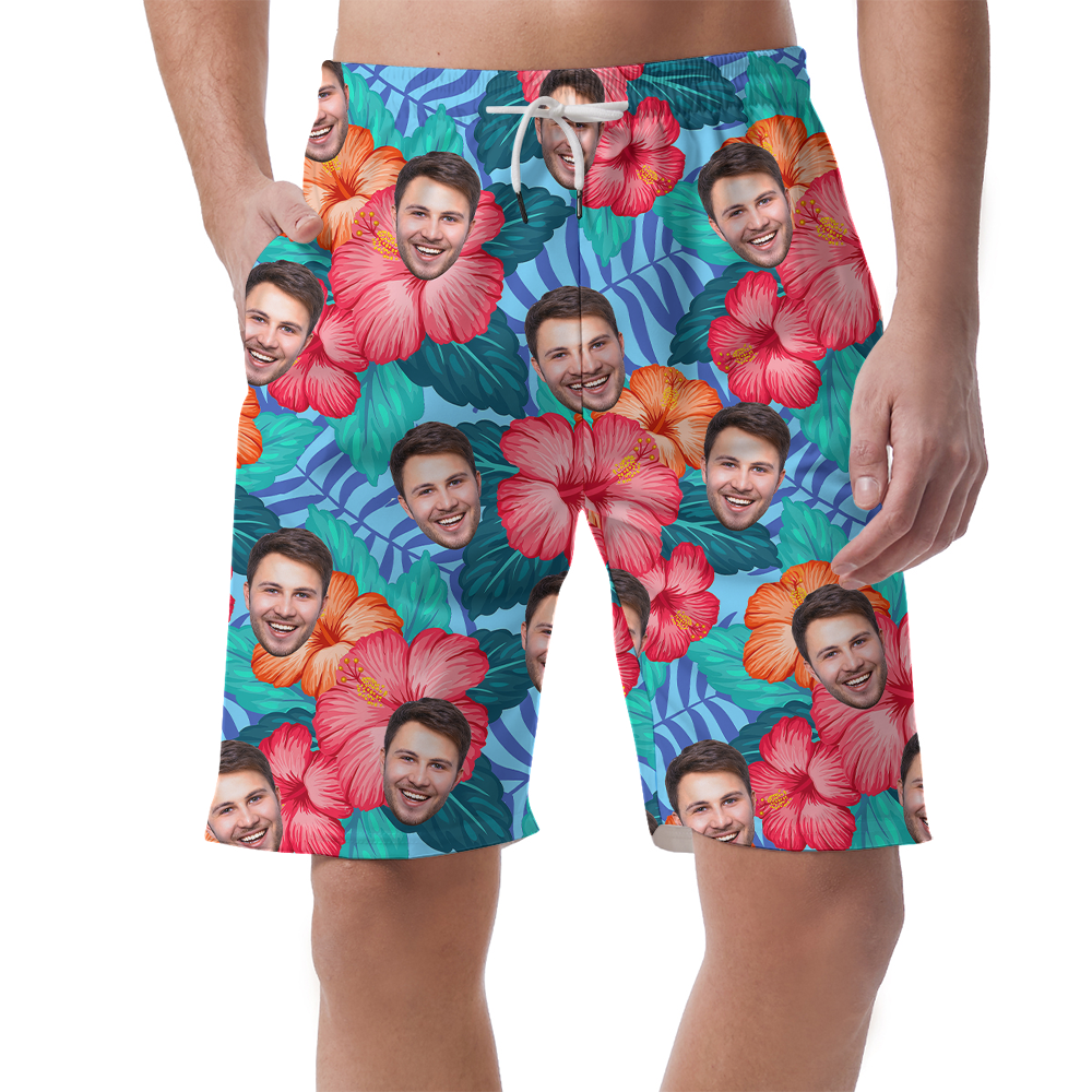 Custom Face Hibiscus Blue Men's Beach Shorts - variant image 1