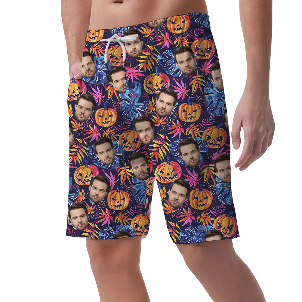 Custom Face Horror Pumpkin Hawaiian Beach Shorts For Men