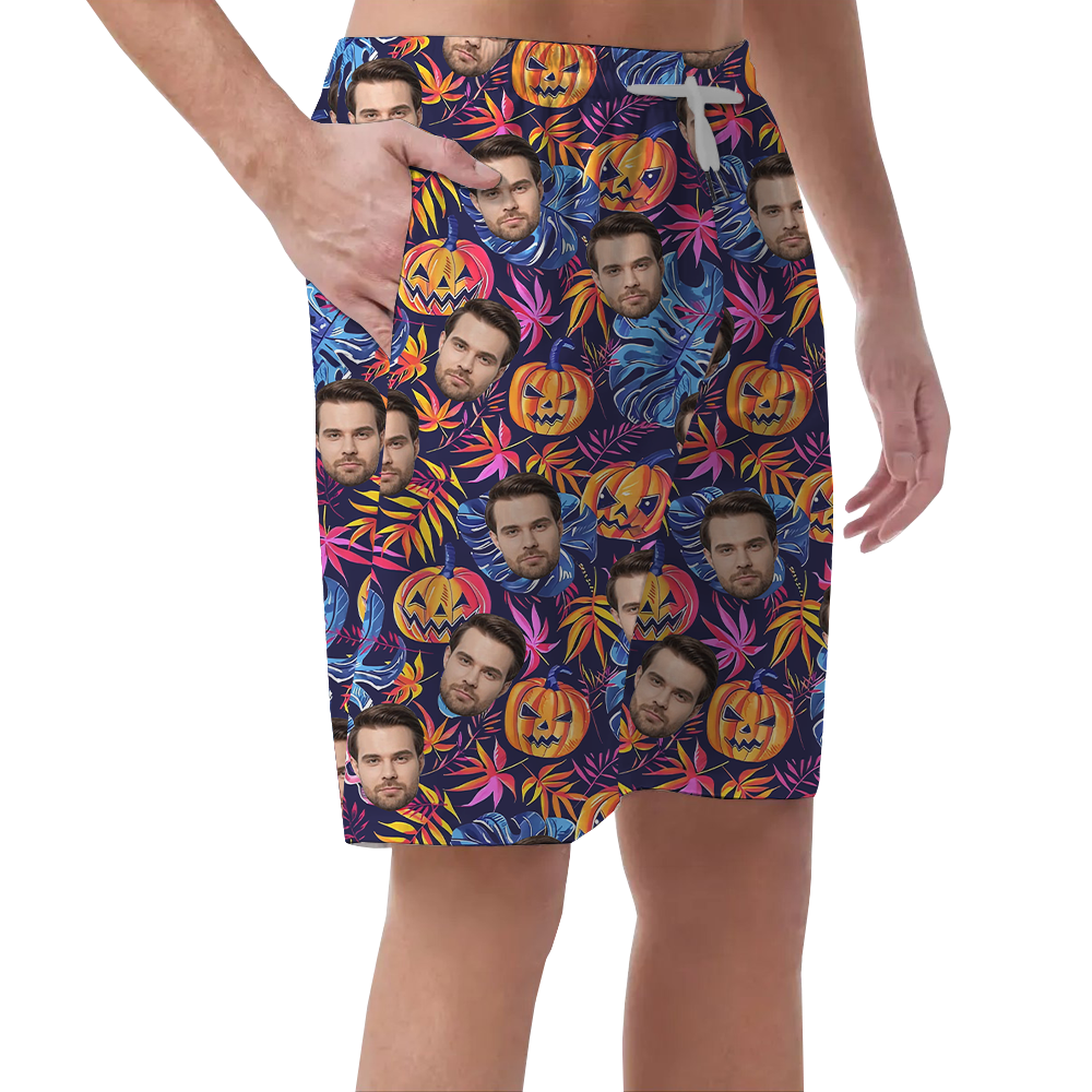 Custom Face Horror Pumpkin Hawaiian Beach Shorts For Men