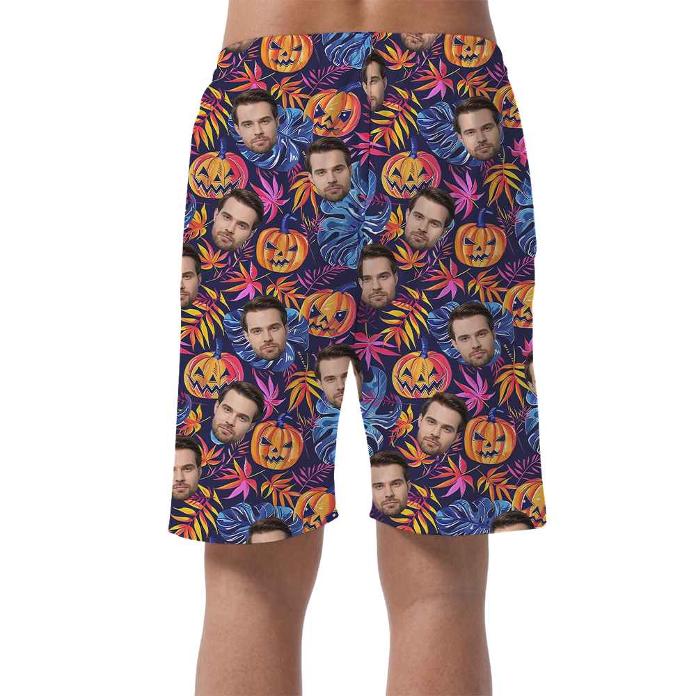 Custom Face Horror Pumpkin Hawaiian Beach Shorts For Men