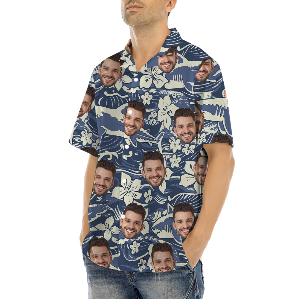 Vintage Navy Shark Hawaiian Shirt With Custom Face