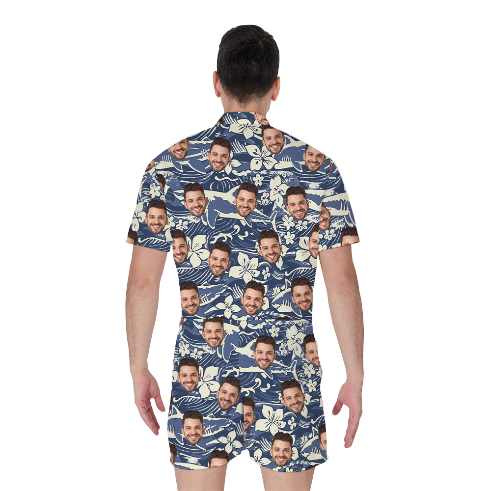 Vintage Shark Navy Romper With Custom Face