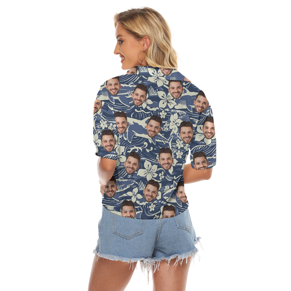 Funny Custom Face Classic Shark Navy Hawaiian Crop Top Shirt