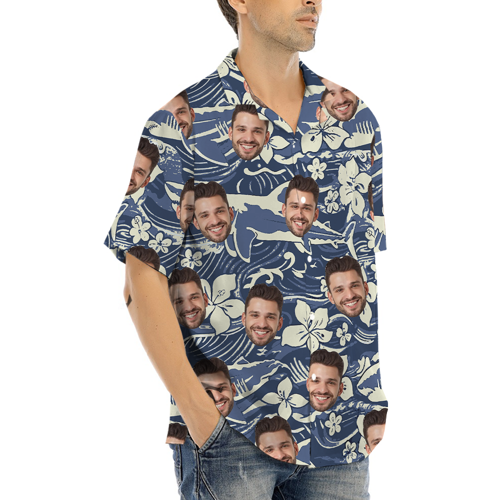 Vintage Navy Shark Hawaiian Shirt With Custom Face