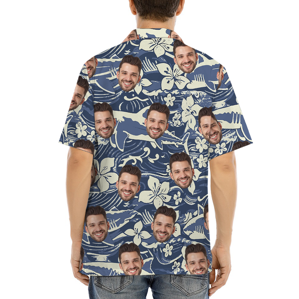 Vintage Navy Shark Hawaiian Shirt With Custom Face