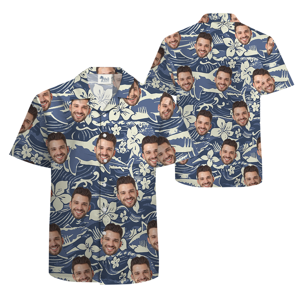 Vintage Navy Shark Hawaiian Shirt With Custom Face