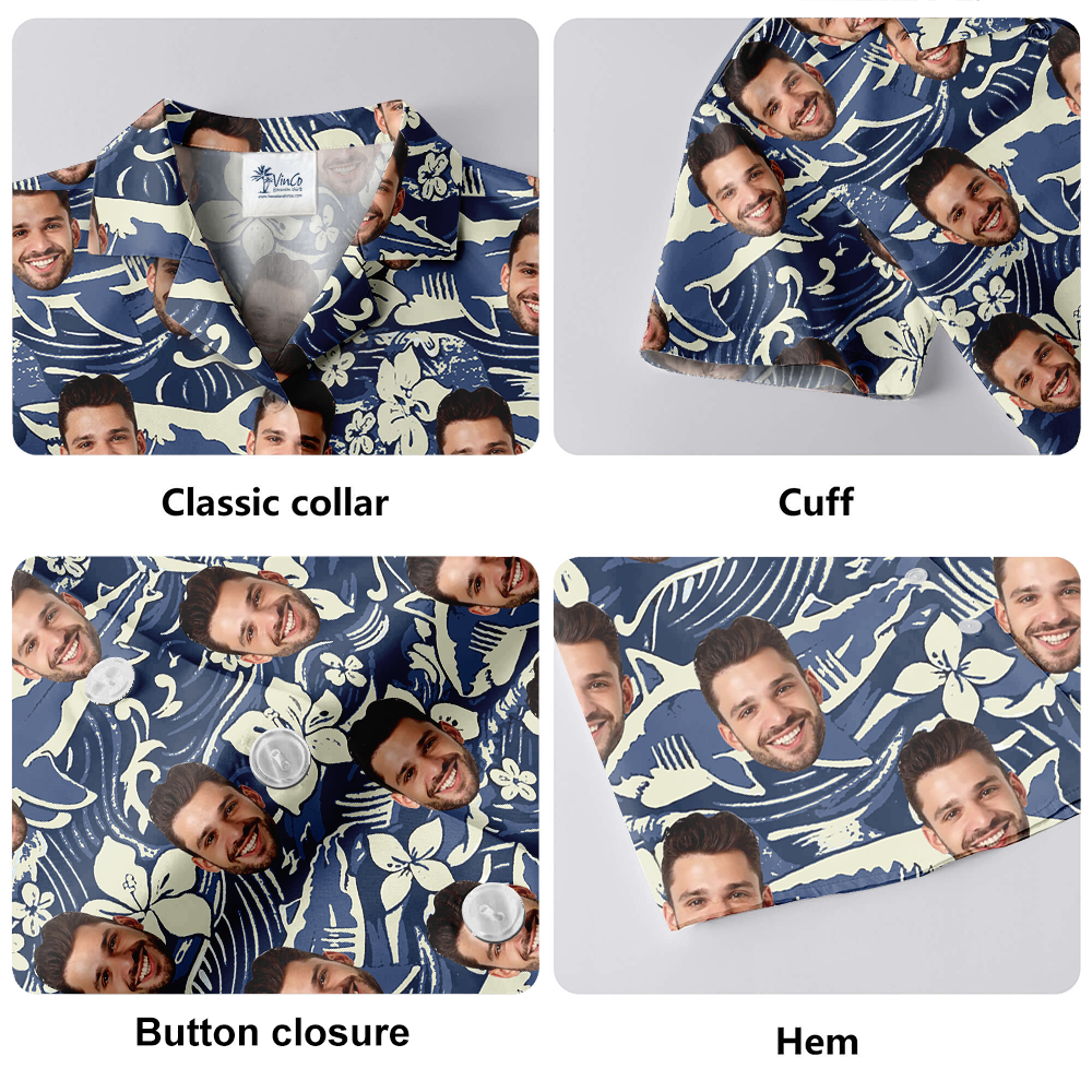 Vintage Navy Shark Hawaiian Shirt With Custom Face