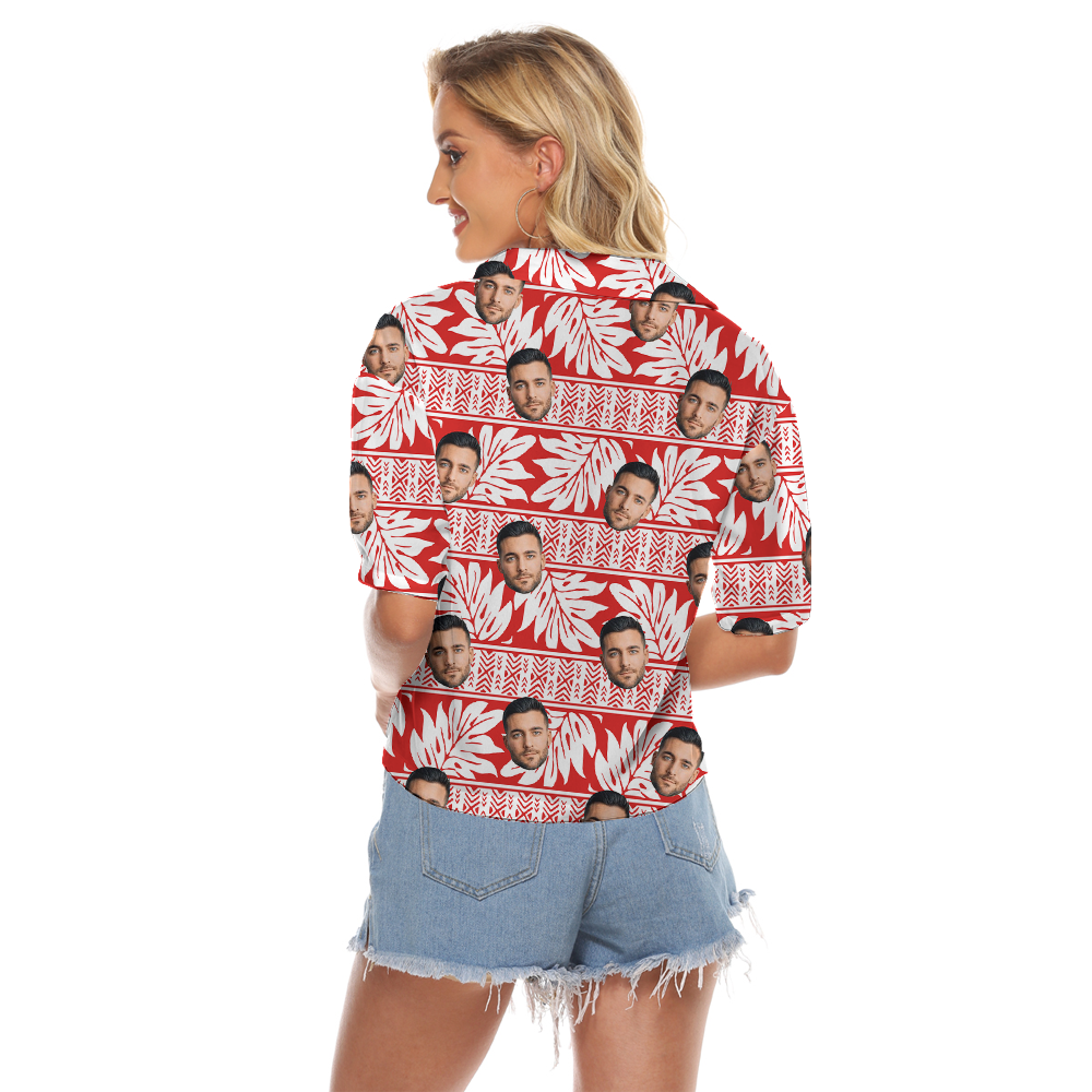 Classic Tropical Red Hawaiian Cropped Shirt With Custom Face