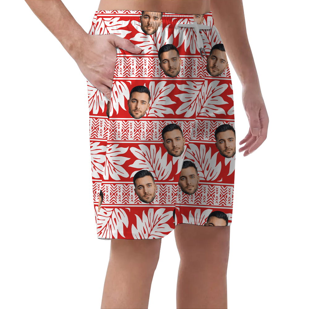 Classic Tropical Red Hawaiian Beach Shorts With Custom Face