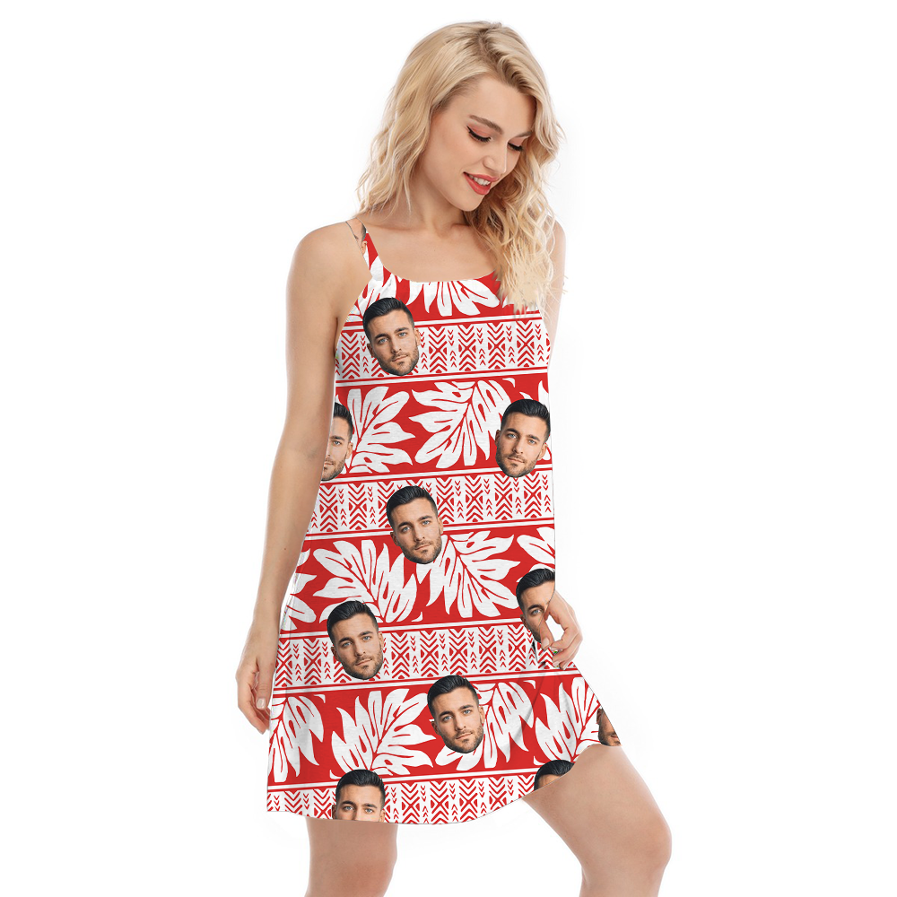 Classic Tropical Red Hawaiian Cami Dress With Custom Face