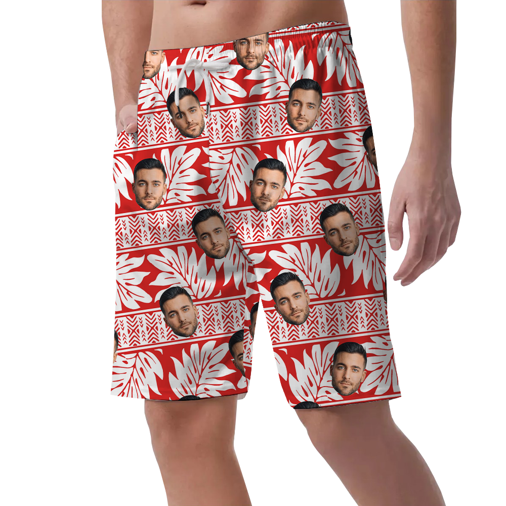 Classic Tropical Red Hawaiian Beach Shorts With Custom Face