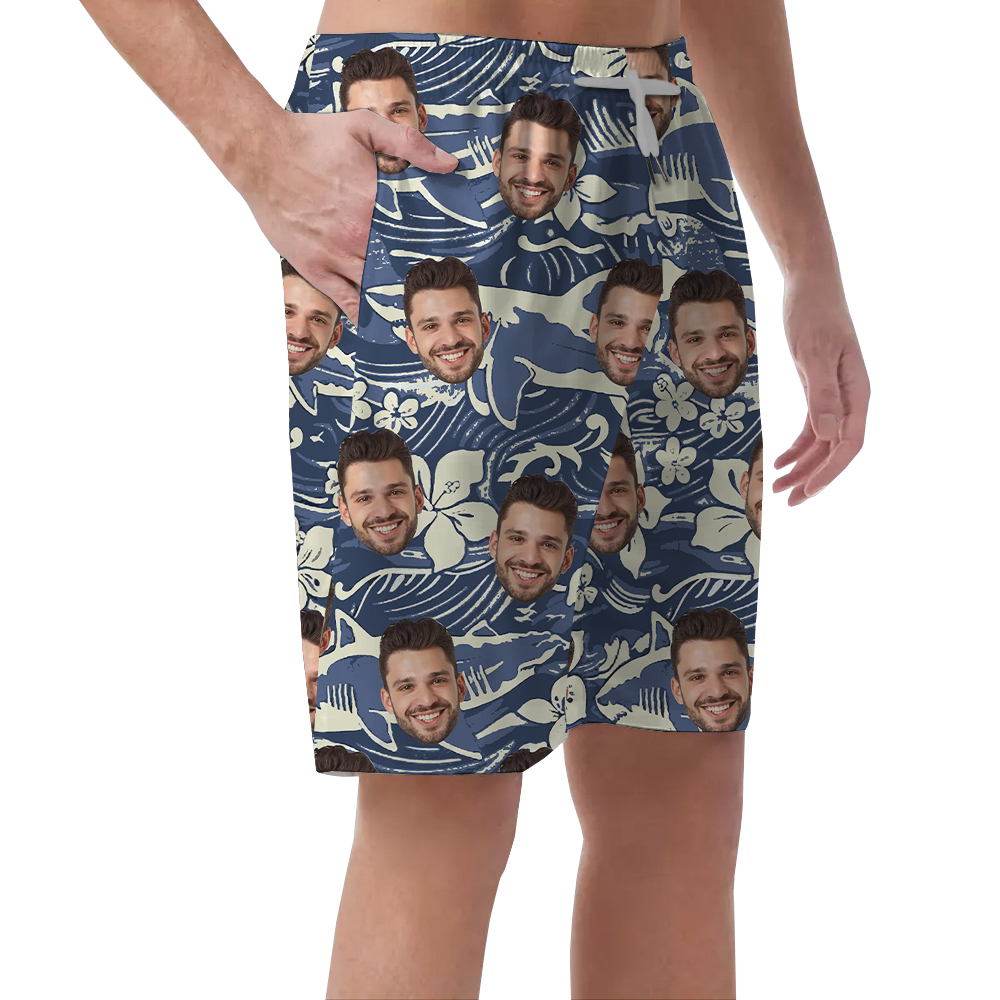 Custom Face Navy Shark Vintage Men's Beach Shorts