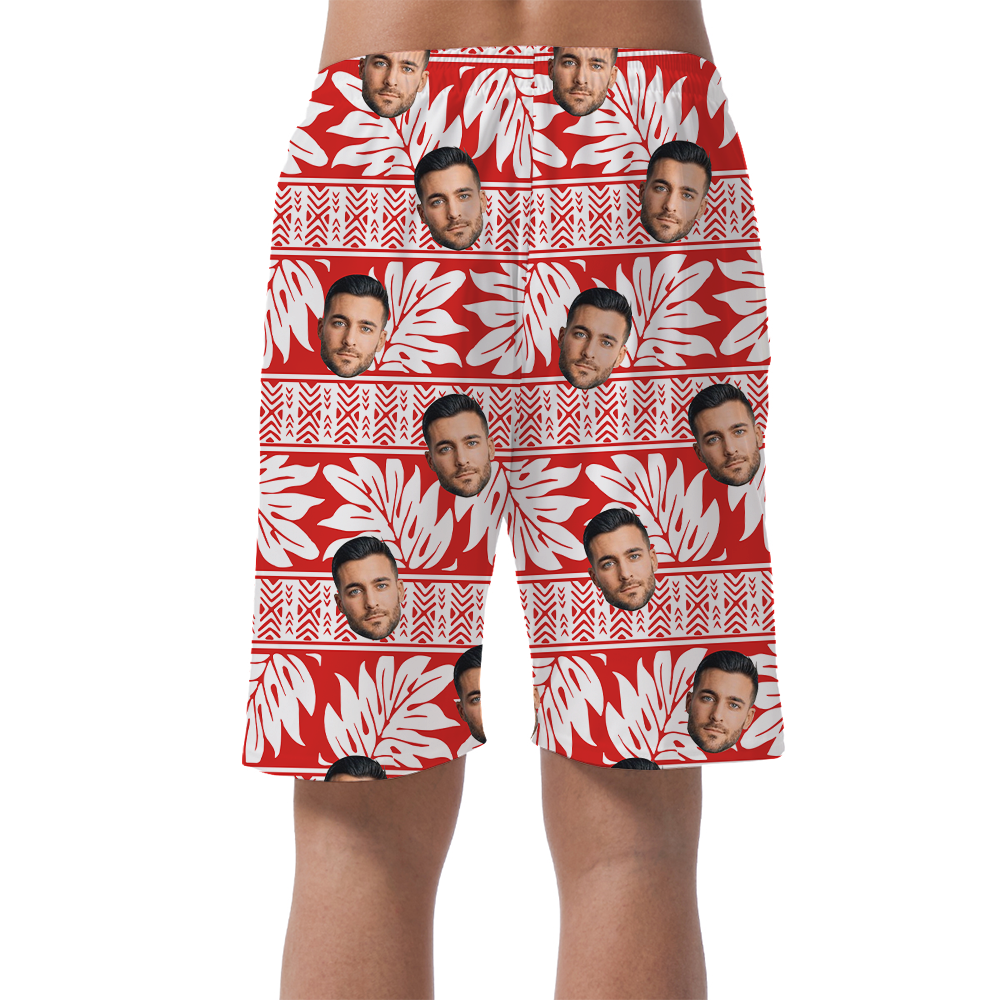 Classic Tropical Red Hawaiian Beach Shorts With Custom Face